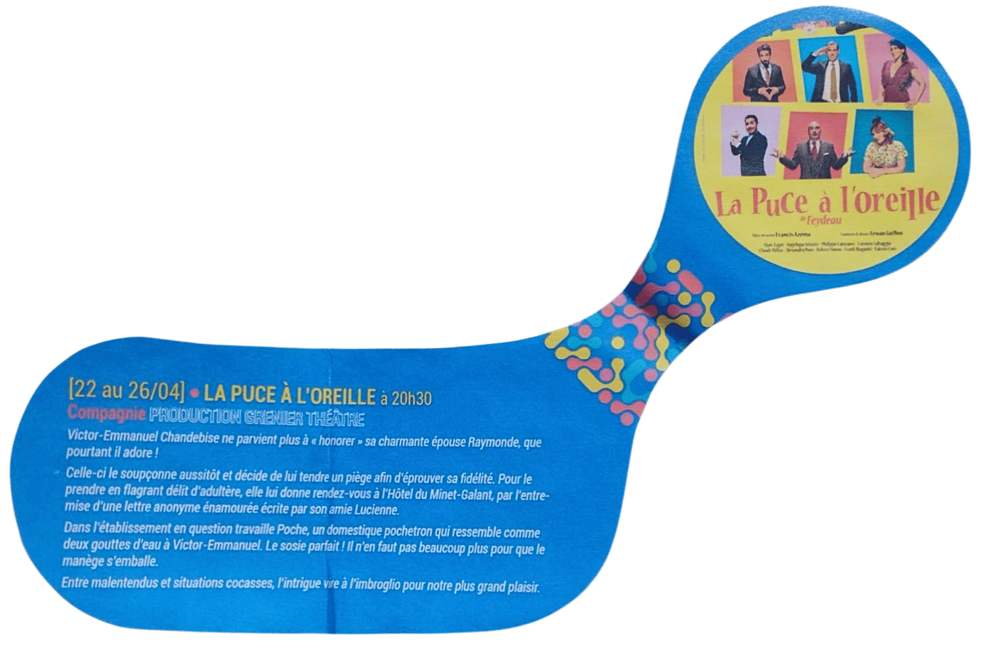 Flyer déplié, visuel de la pièce La Puce à l'Oreille